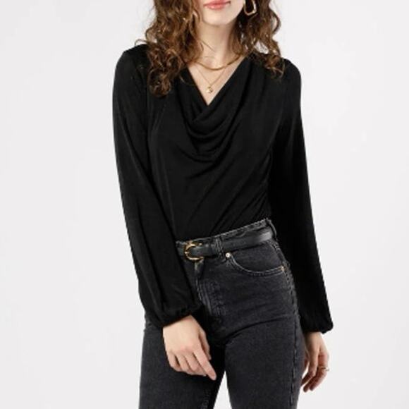 Band of the Free Aggie Cowl Neck Bodysuit Top in Black - Picture 2 of 10